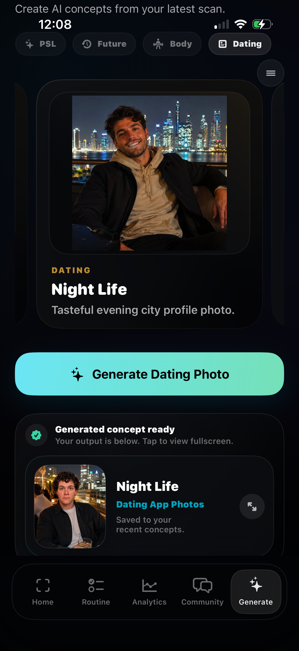 PSL Max Generate screen showing a completed dating photo concept.