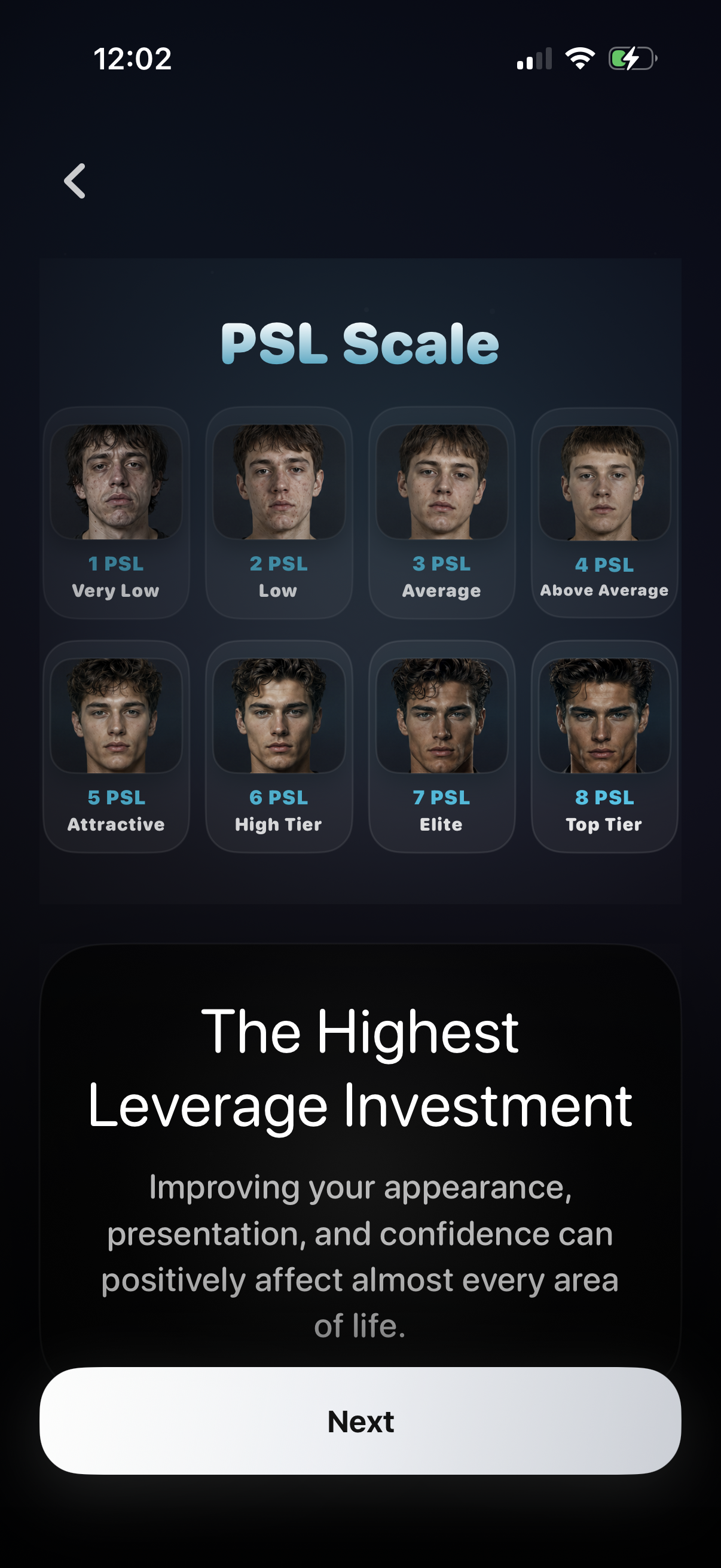 PSL Max PSL scale screen showing score tiers from 1 to 8.
